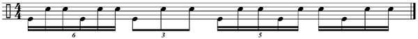 Notenbeispiel 6: Schlagzeug-Kombinationen von Sechzehnteltriolen über Achteltriolen, Quintolen hin zu Sechzehnteln.