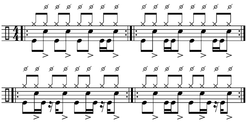 Beispiel 1: Vier Standard-Punkbeats mit verschiedenen Bassdrum-Patterns 