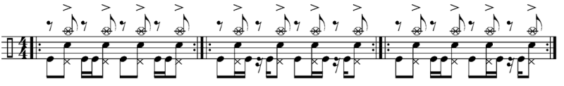 Beispiel 4: „Forbidden Beat“, Snare mit Crash dedoppelt. Wenn's noch heftiger werden soll, kann man den „Forbidden Beat“, der auf den Bad Religion-Drummer Pete Finestone zurückgeht, auch mit einem Crash auf der Snare doppeln, wie dieses Beispiel zeigt. 