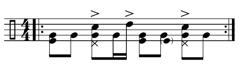 Beispiel 5: Beat mit Floortom statt Hi-Hat. In vielen Punktunes, speziell bei den Ramones oder auch bei Green Day, spielt der Drummer – anstatt auf der Hi-Hat – einen 8tel–Beat auf dem Floortom. 